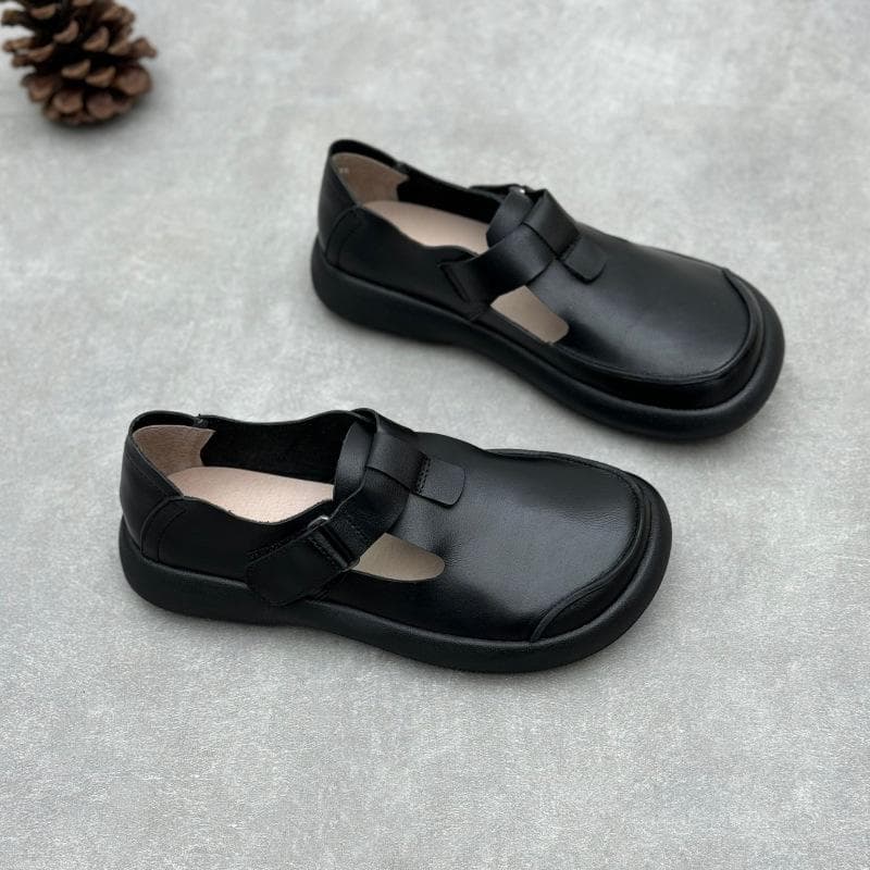Handmade Genuine Leather Women's Shoes for Spring and Summer Round Toe Velcro Flat Flat Casual Cowhide Single Shoes 38 black