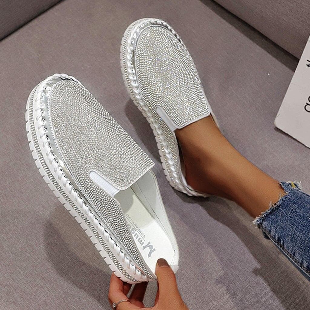 Women Crystal Espadrilles Rhinestone Casual Breathable Platform Shoes Ladies Flat Loafers 36 silver