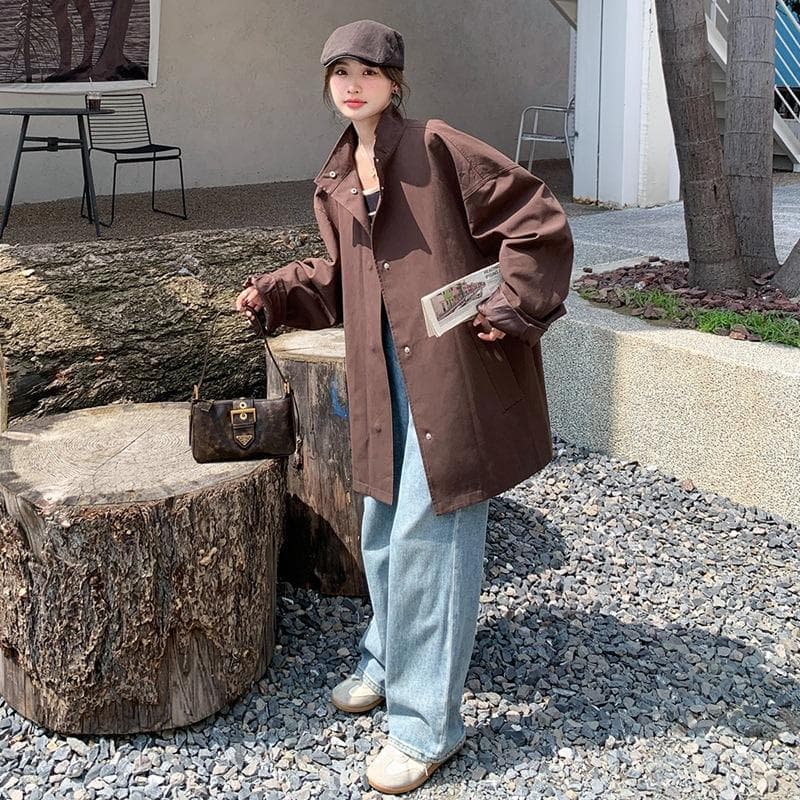 Brown Windbreaker Women's Mid-length Spring and Autumn New Korean Style Loose Stand-up Collar Temperament Slim Casual Coat Jacket XL
