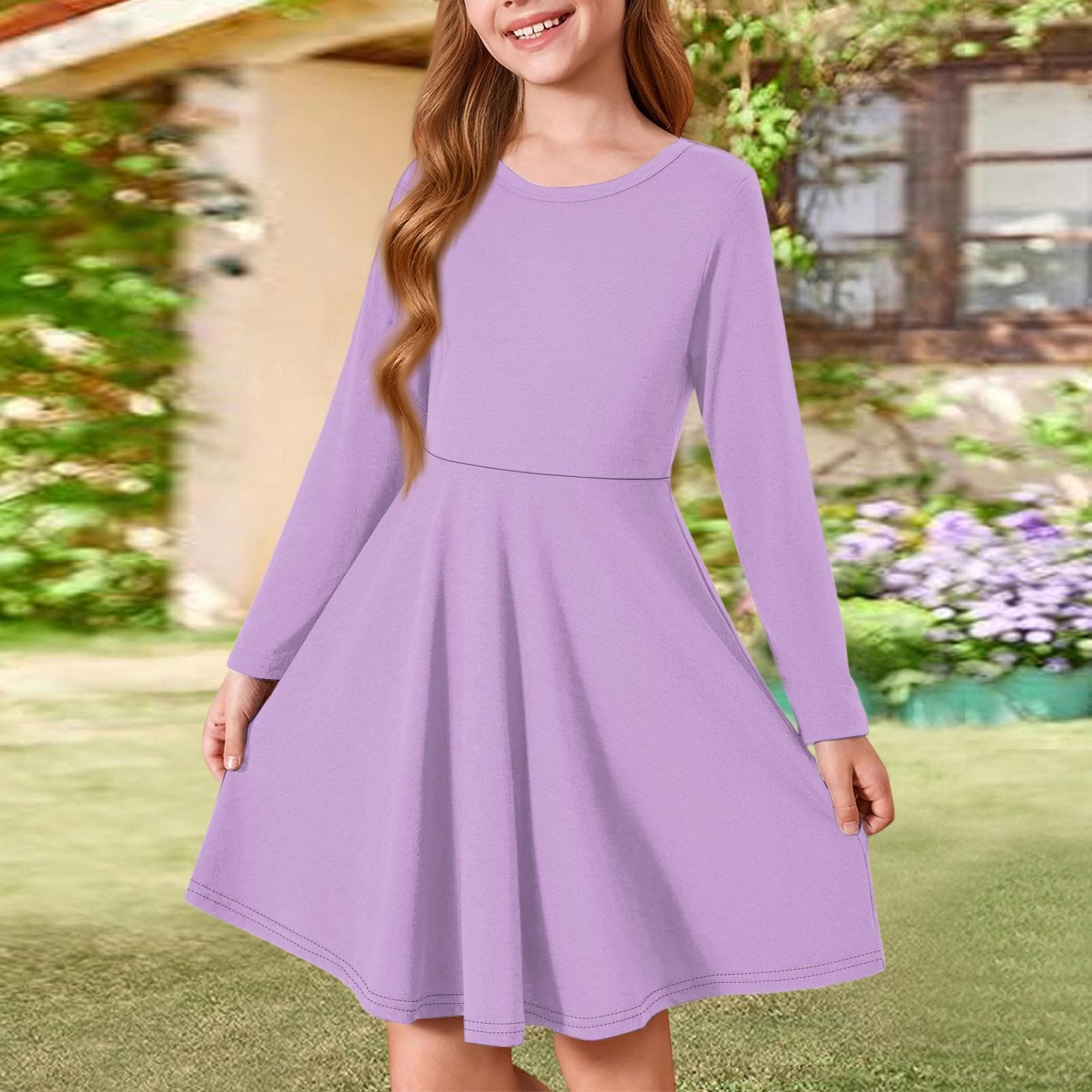 Girls' Summer Princess Dress - Long Sleeve A-Line T-Shirt Dress 140 light purple