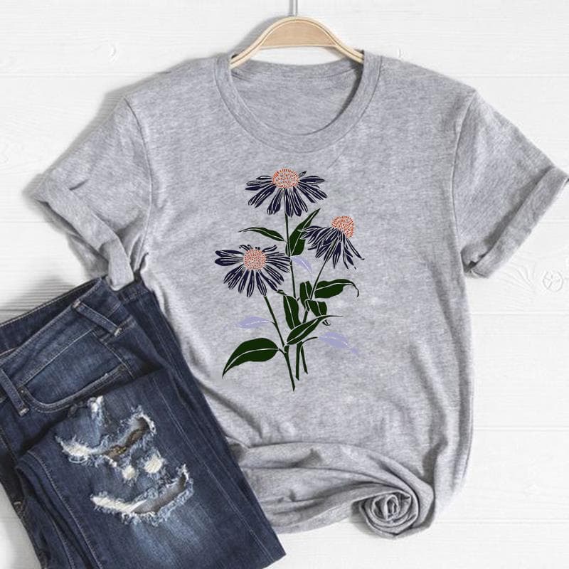 Trend Style Tee Top Fashion T Shirt Clothing Flower Stylish Casual Short Sleeve Women Print Lady Female Graphic T-shirt S