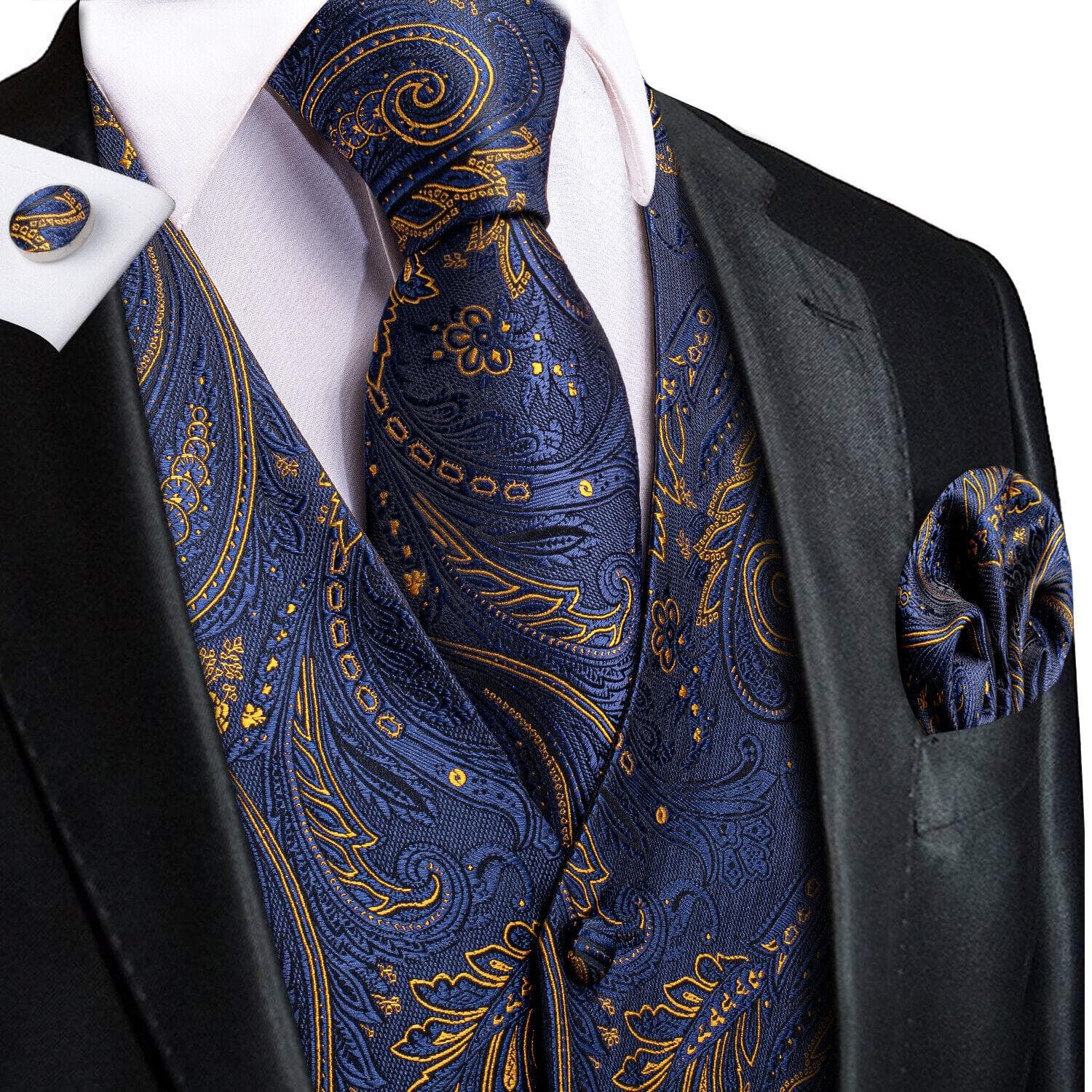 Hi-Tie Tuxedo waistcoat for Men Suit Vest Necktie Handkerchief Cufflinks Set for Wedding Business L