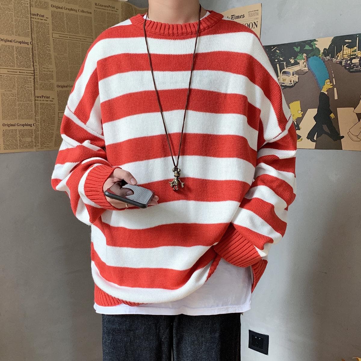 Autumn and Winter Men's Casual Fashion Striped Sweater Loose Round Neck Couple Knit Sweater XL red/white