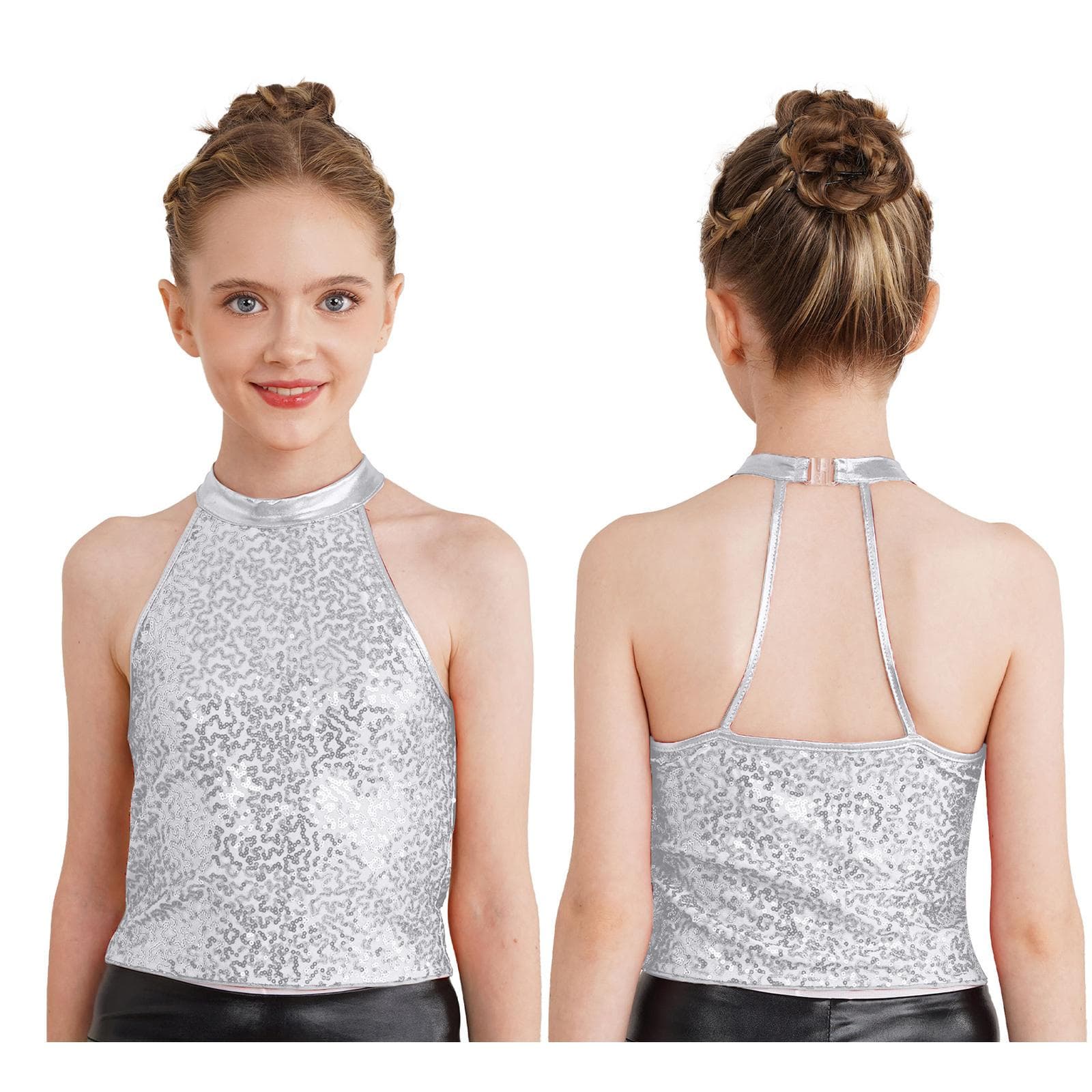 Kids Girls Sleeveless Backless Shiny Sequin Halter Crop Top for Dance Gymnastic Costume 11-12 Years silver