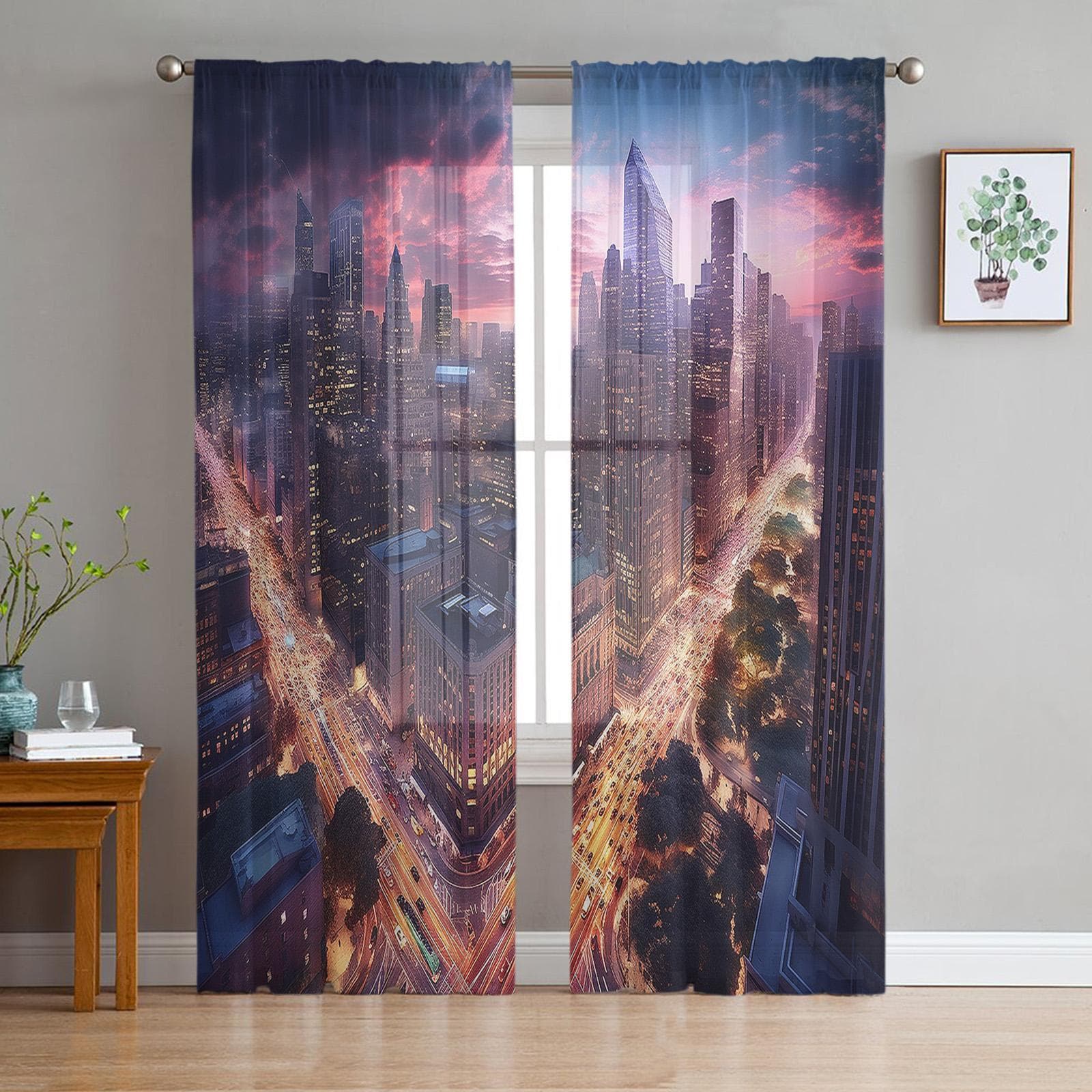 Street City Sky Gradient High Building Window Curtains For Living Room Bedroom Kitchen Chiffon Sheer Window Treatment 135W x 114H(cm)
