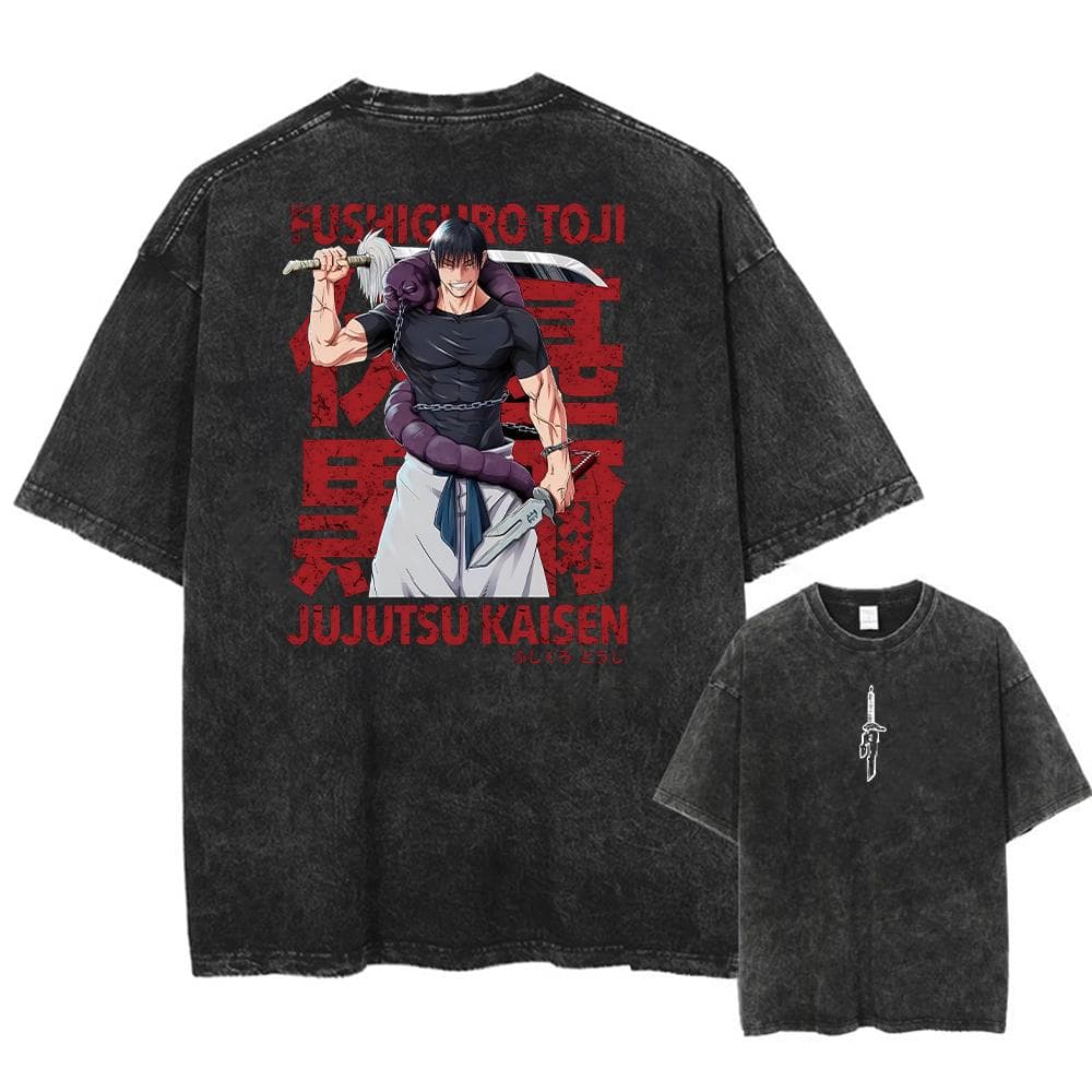 Men Streetwear Washed Acid Oversized T Shirt Japanese Anime Retro Worn Graphic Print T-Shirt Short Sleeve Tees L