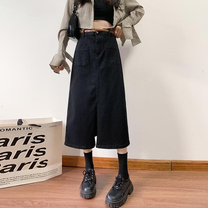 High Waist Slit Denim Skirt for Women In Spring Retro Slim A-line Hip-covering Large Size Mid-length Skirt 2XL