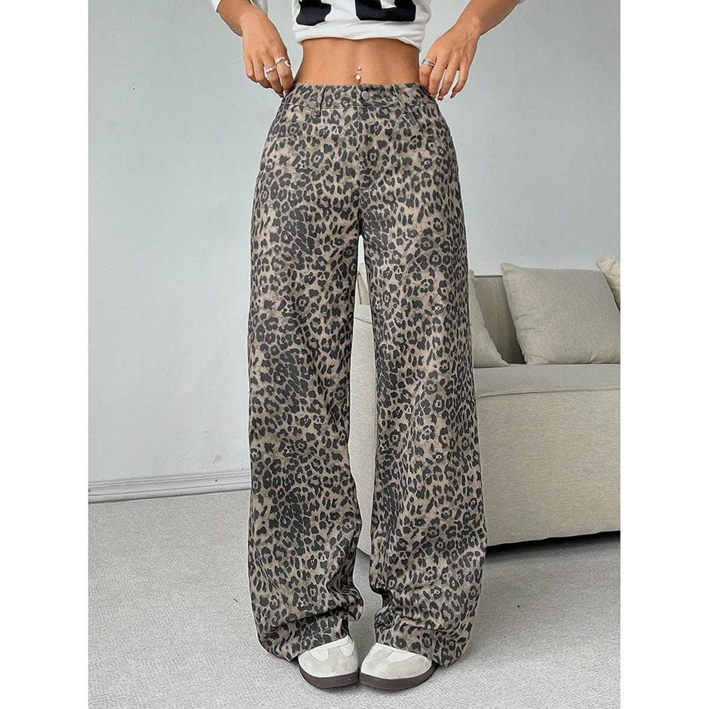 Retro Wash Leopard Print Casual Pants for Women Straight Loose Loose Slimming Wide-leg Pendant Trousers 3XL