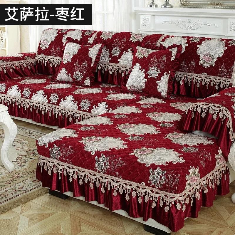 European Style Large Skirt Sofa Cover Four Seasons Universal Anti Slip Sofa Cushion High Grade Lace Fabric Sofa Towel Cushion 40x70cm 3edge 18cm