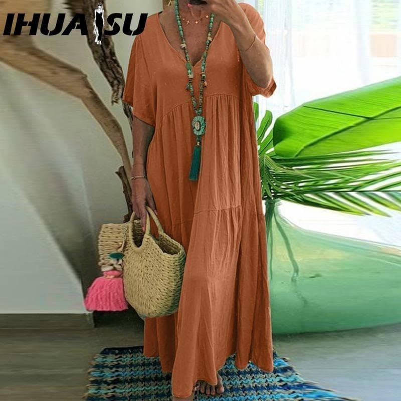IHUASU Women Summer Fashion Solid V-Neck Plus Size Dress Loose Long Oversized Casual Short Sleeve Dress XXXXXL orange