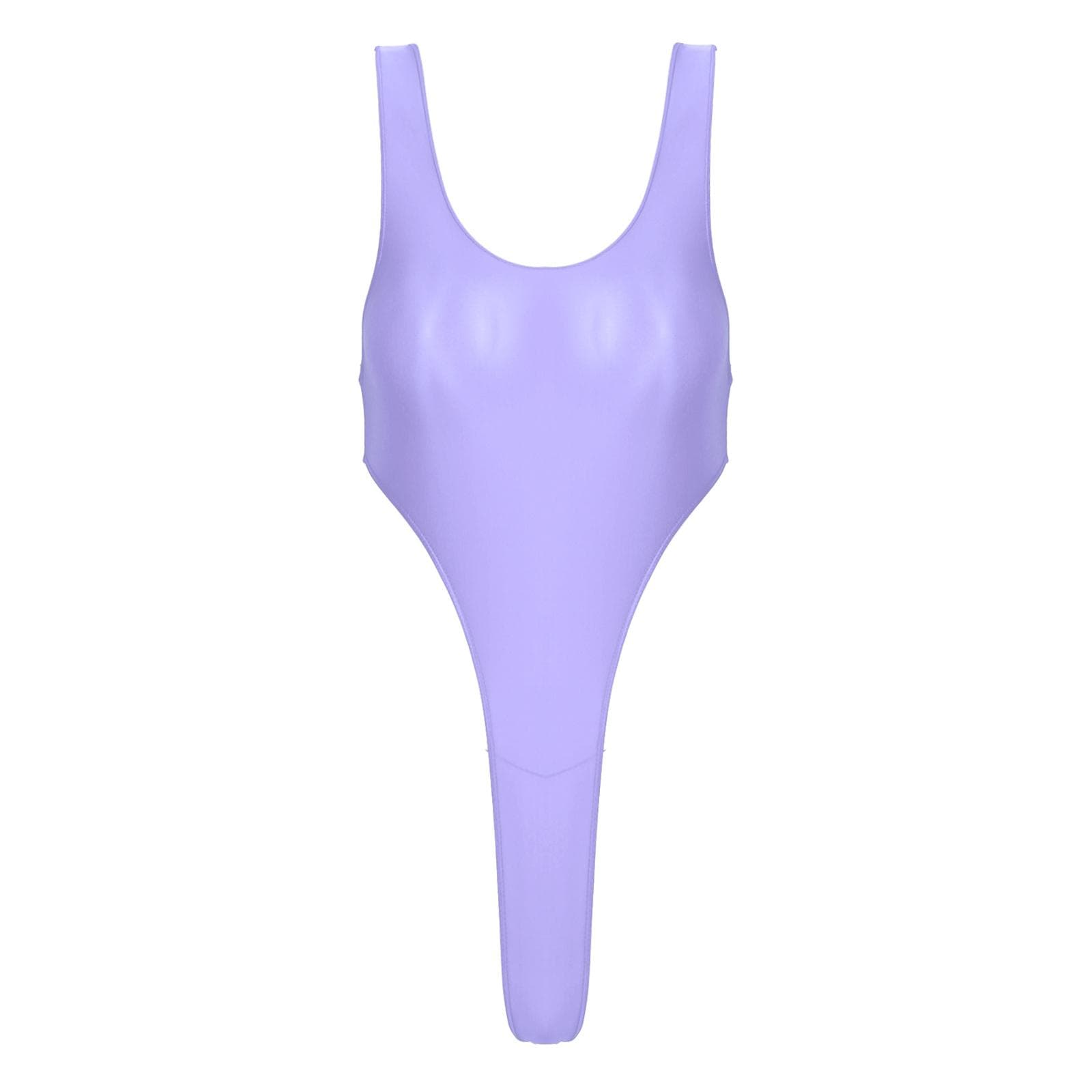 Womens Backless One Piece Swimsuit in Glossy Fabric with High Cut Leg Design for Beach or Pool Parties M purple