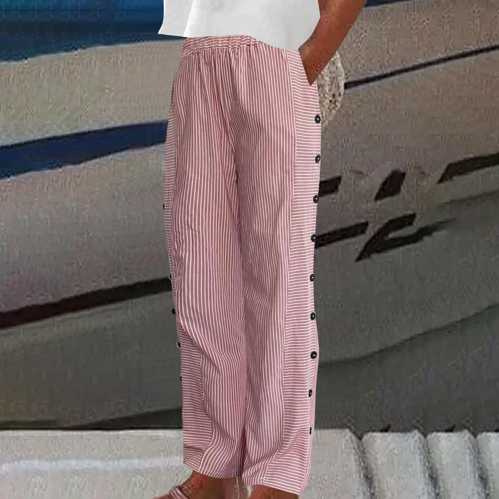 Women Summer Long Pants Striped Print Button Casual Versatile Loose High Waist Pants L red