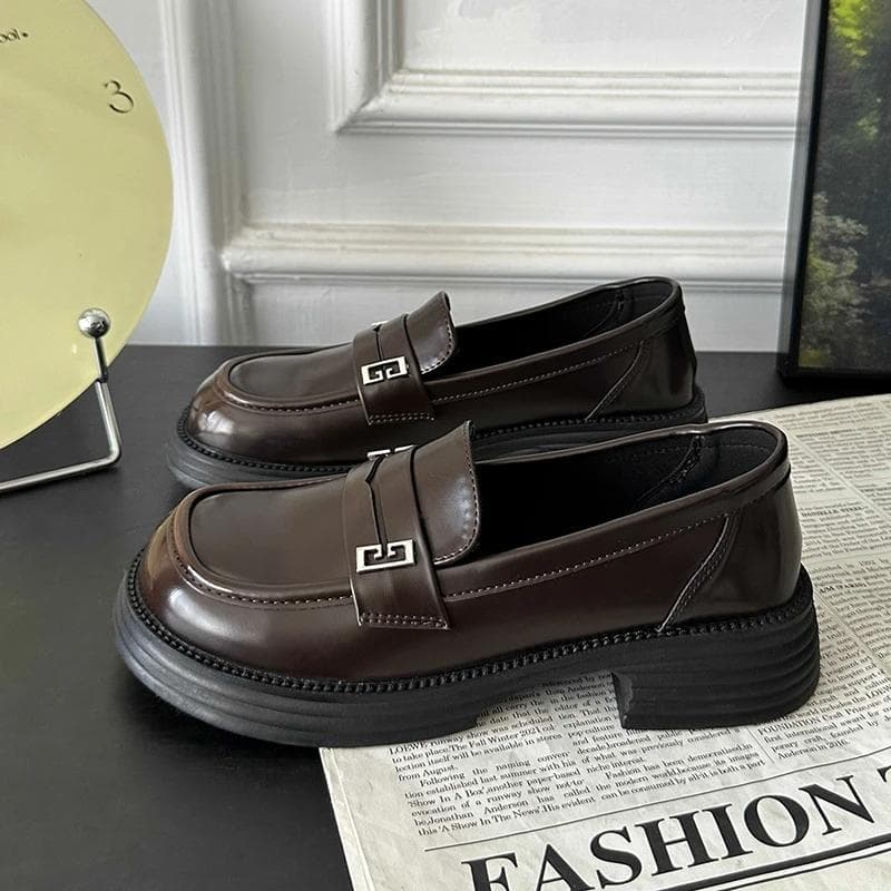 High Heel Mary Jane Shoes Women's Versatile Metal Platform Thick Heel Slip-on Small Leather Shoes Girls Pumps Student-shoes 38 brown