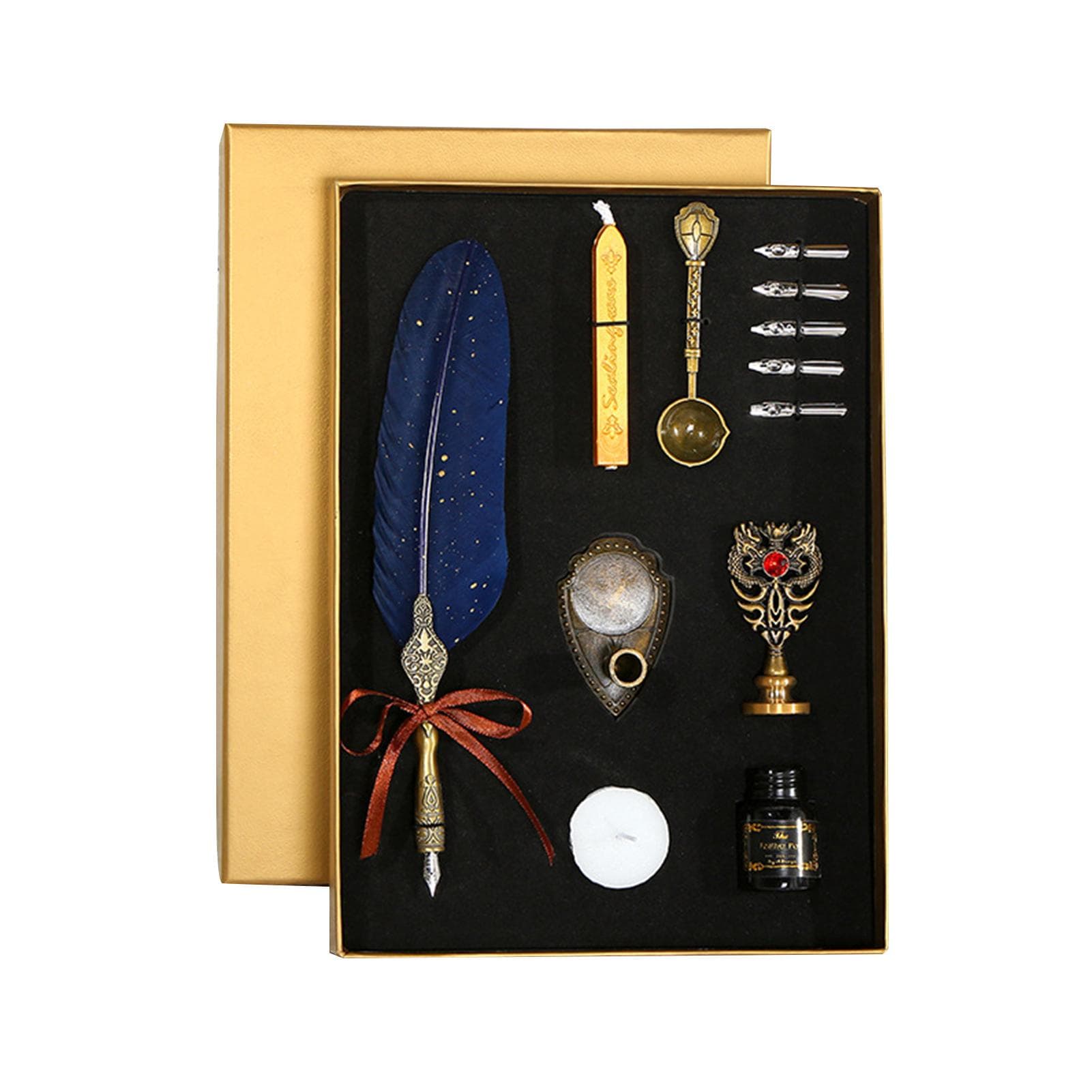 Vintage Feather Pen and Ink Set Glittering Quill Pen Fountain Pen Calligraphy Dip Pen Writing navy blue