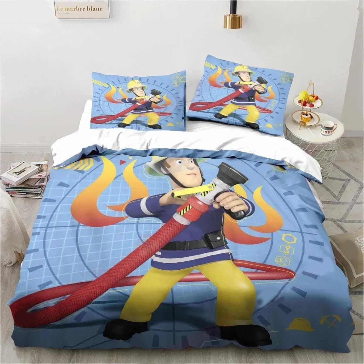 Cartoon Fireman Sam Toys Bedding Set Duvet Cover Bed Set Quilt Cover Pillowcase Comforter king Queen Size Boys Adult Bedding Set AU Double 180x210cm