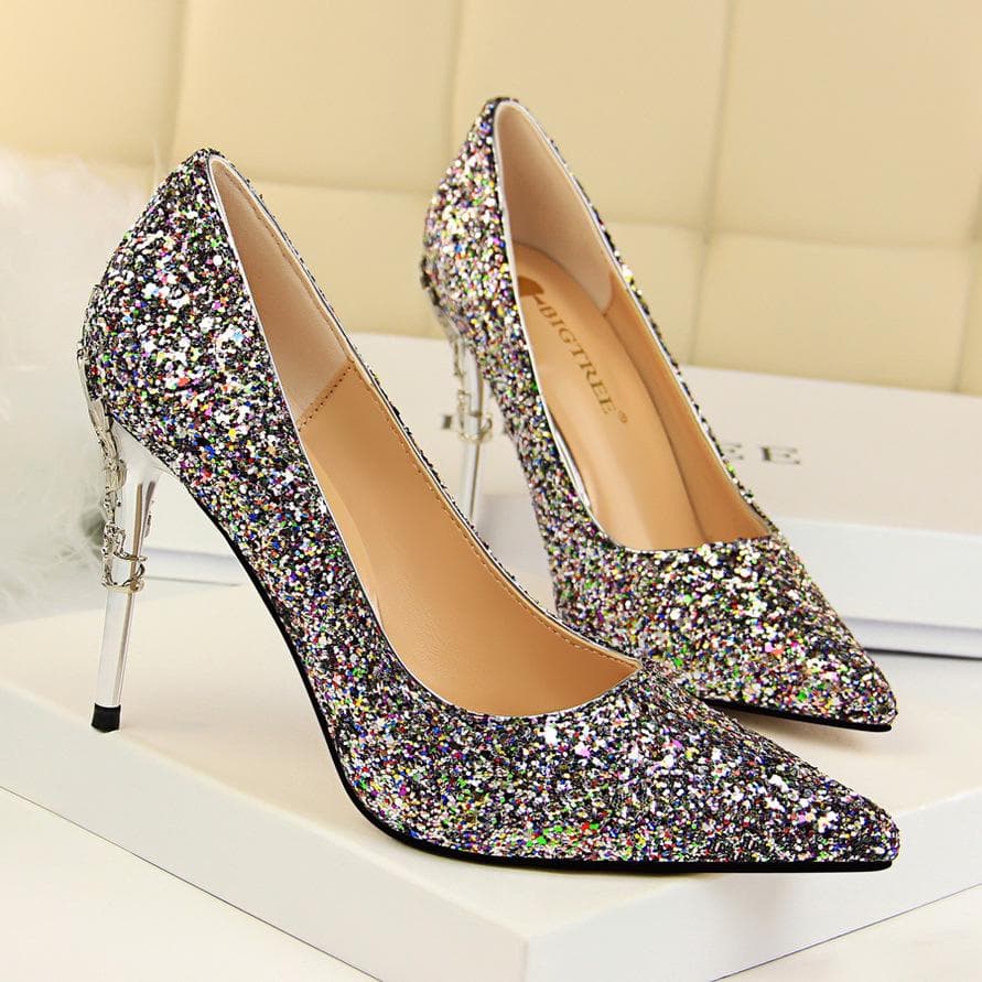 BIGTREE Women's Fashion Sexy Metal Heel Thin Heel High Heel Shallow Mouth Pointed Sequin Shoes 34 multicolour