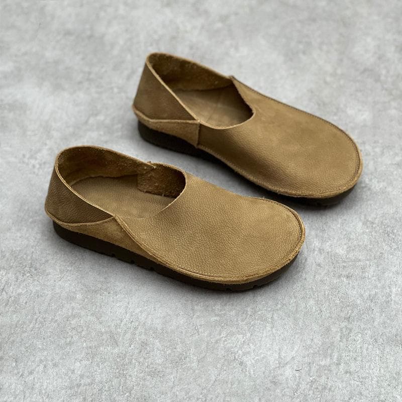 Johnature Retro Women Genuine Leather Shallow Flats Shoes Handmade Soft Sole Casual Round Toe Solid Color Loafers 40 khaki
