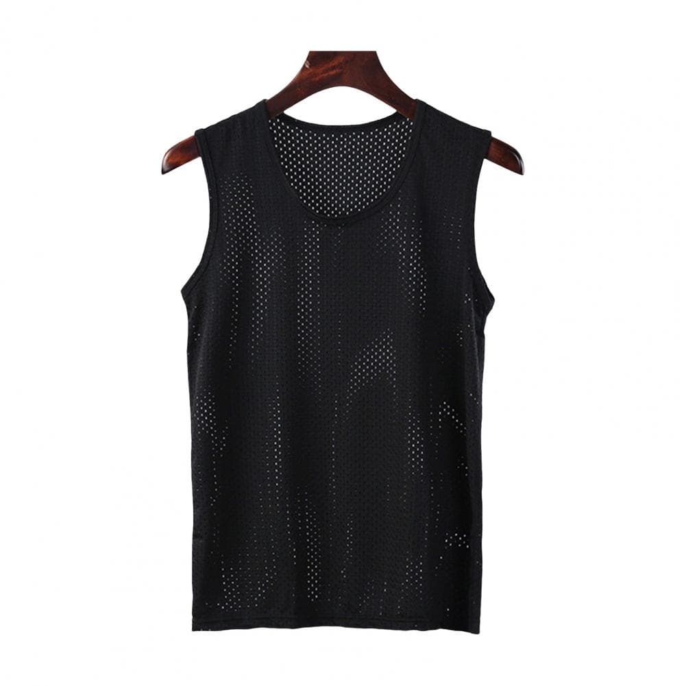 Men Summer Sport Vest O Neck Hollow Out Good Breathability Plus Size Solid Color Sleeveless Sweat Absorption Quick Dry Pullover XXXL black