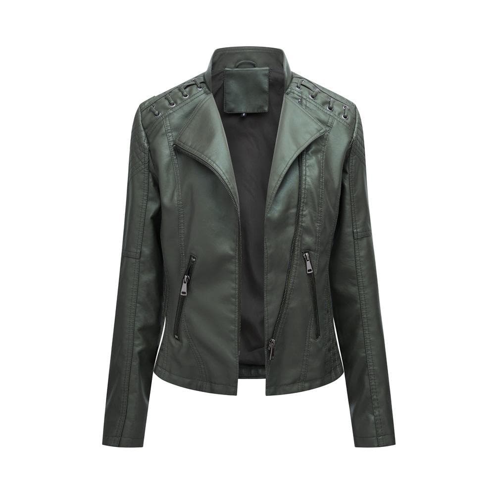 Spring and Autumn Women's Leather Jacket Short Jacket Slim Thin Section Leather Jacket Ms. Biker Clothing 4XL army green