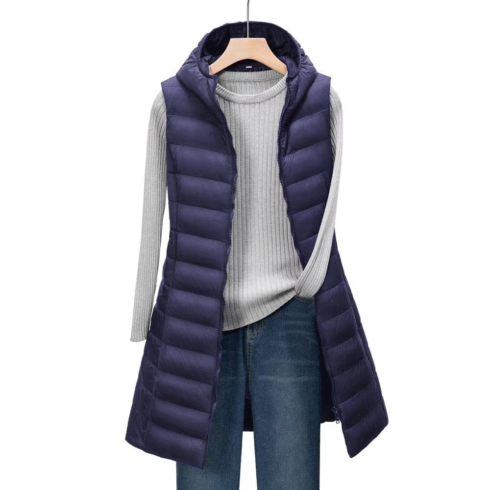 Autumn and Winter Women's Mid-length Hooded Lightweight Down Jacket Vest and Cotton Vest L navy blue