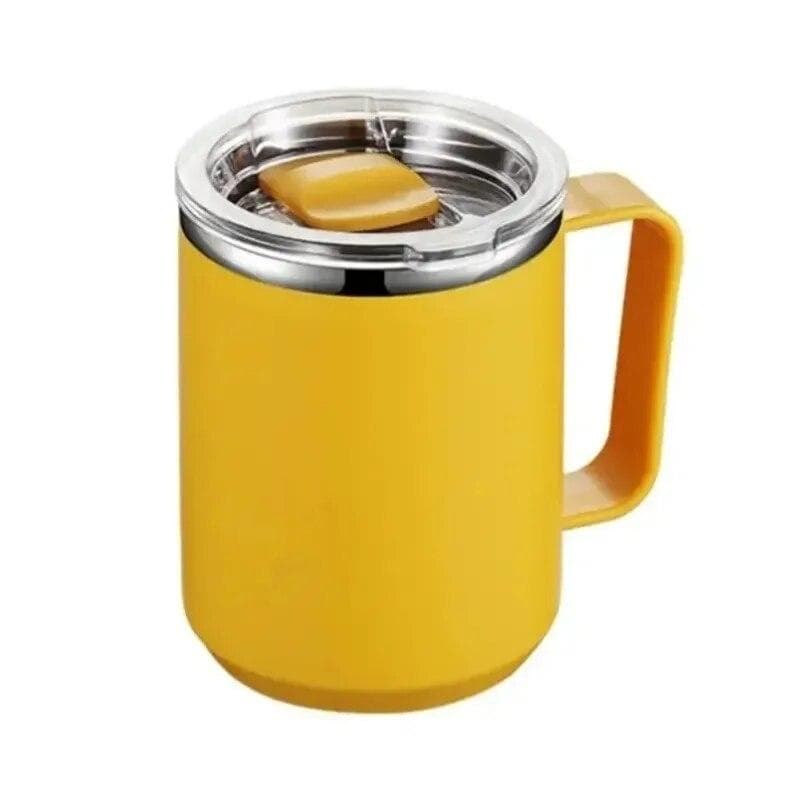 1Pc Coffee Mug With Lid Handle Stainless Steel Mug Vacuum Cup Portable Insulated Cup For Traveling yellow