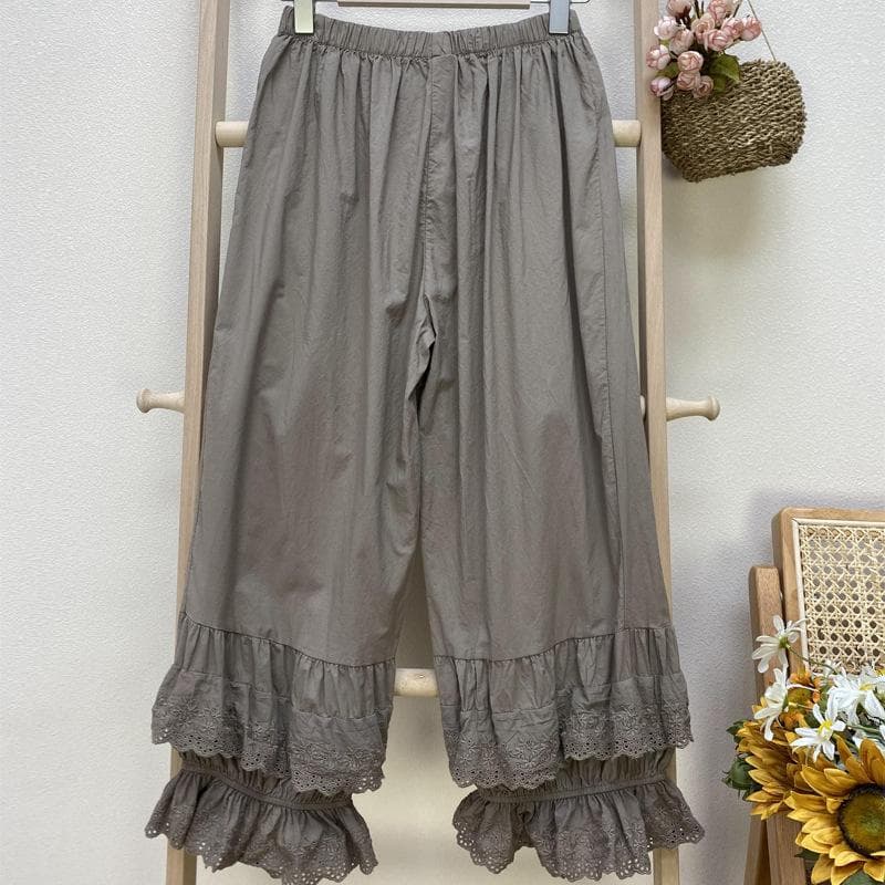 Johnature Mori Cotton Patchwork Lace Ruffles Women Pants Summer Vintage Solid Color Elastic Waist Ankle Length Pants One Size coffee