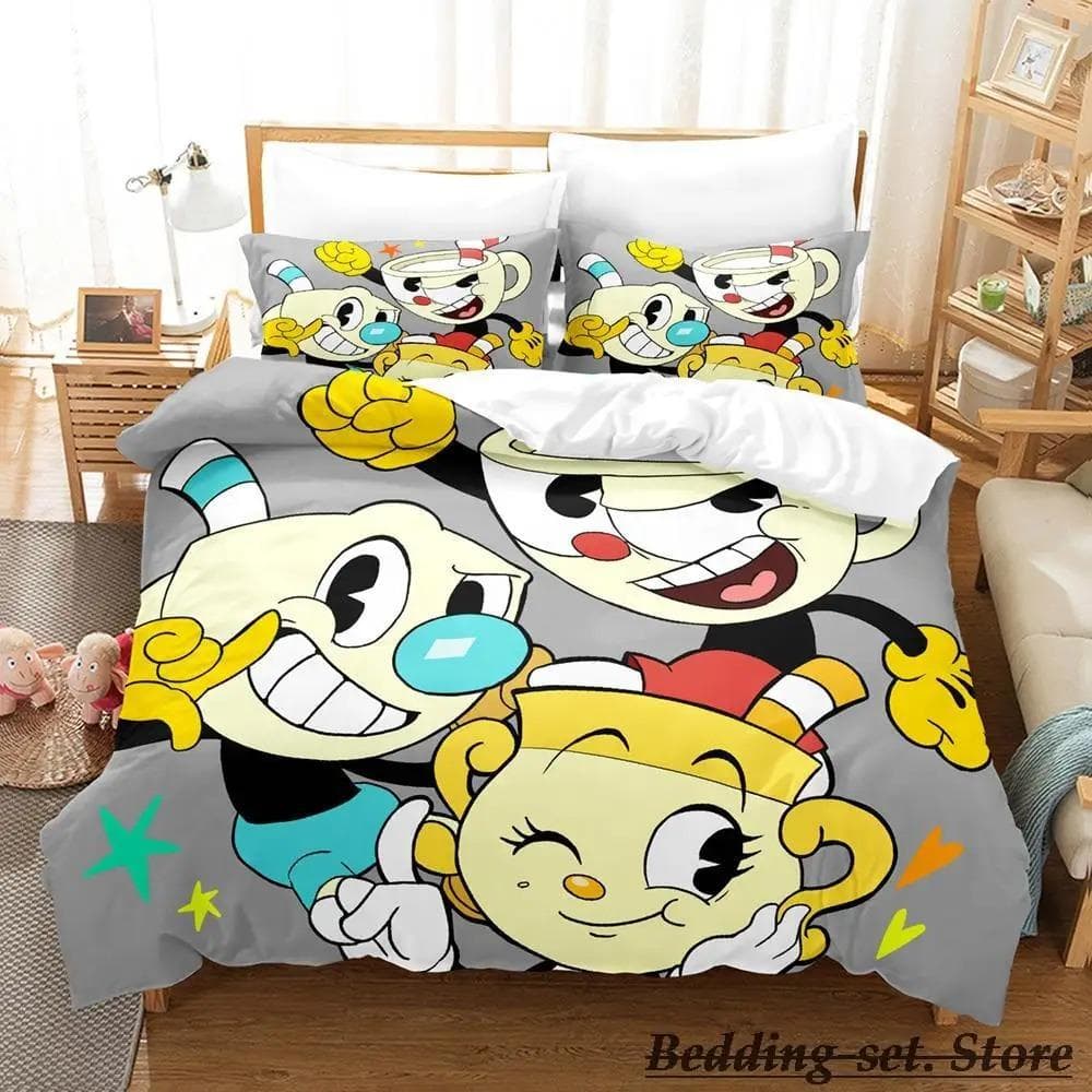 Game Cuphead Mugman Bedding Set Cartoon Anime three-piece set Adult Kid Bedroom Duvetcover Sets 3D Kawaii cama de casal US King 264x228cm