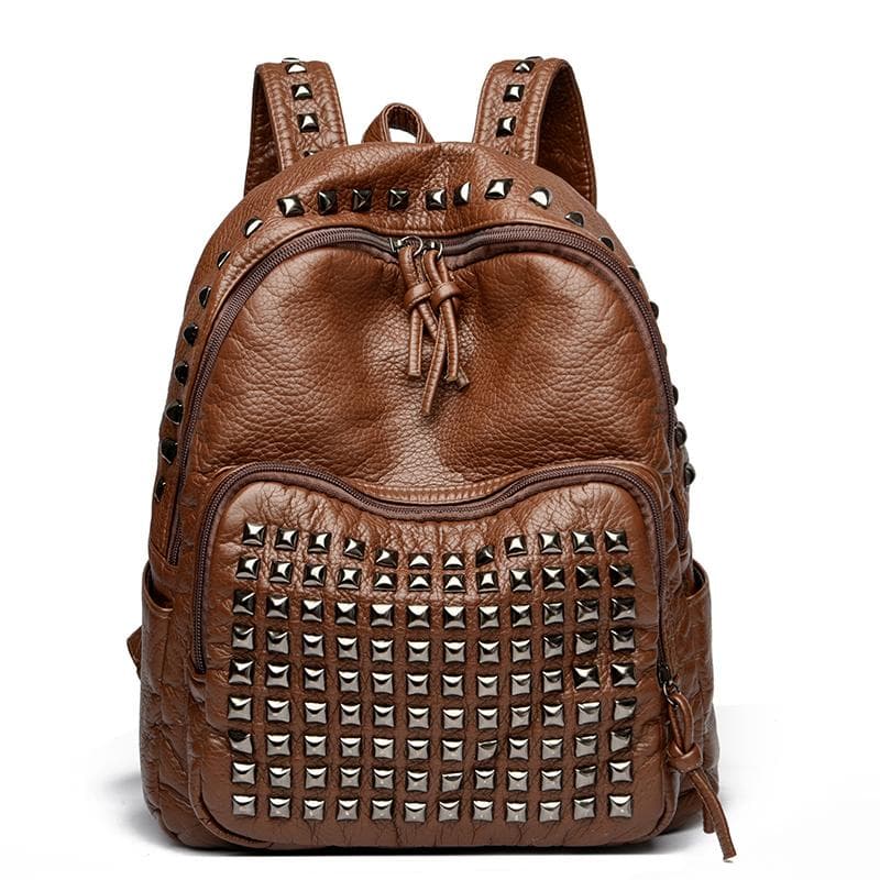 Punk Style Rivet Women'S Backpack 2025 Winter New High Quality Soft Leather Leisure Travel Large Capacity School Bags For Teenage Girls Black Mochila brown