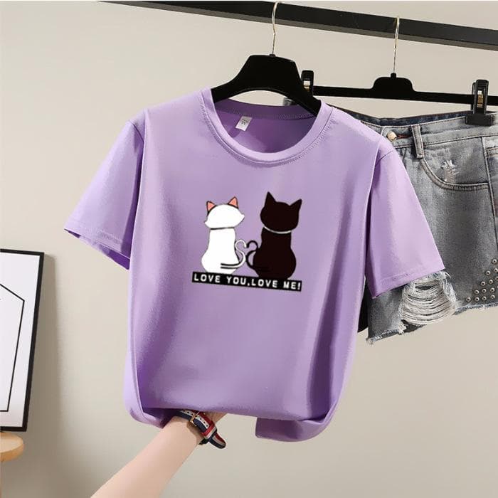 QICED Cartoon Short Sleeve T-shirt Female Summer Student Crew Neck Printed Top Fashion Plus Size Women's Wear XXXL purple
