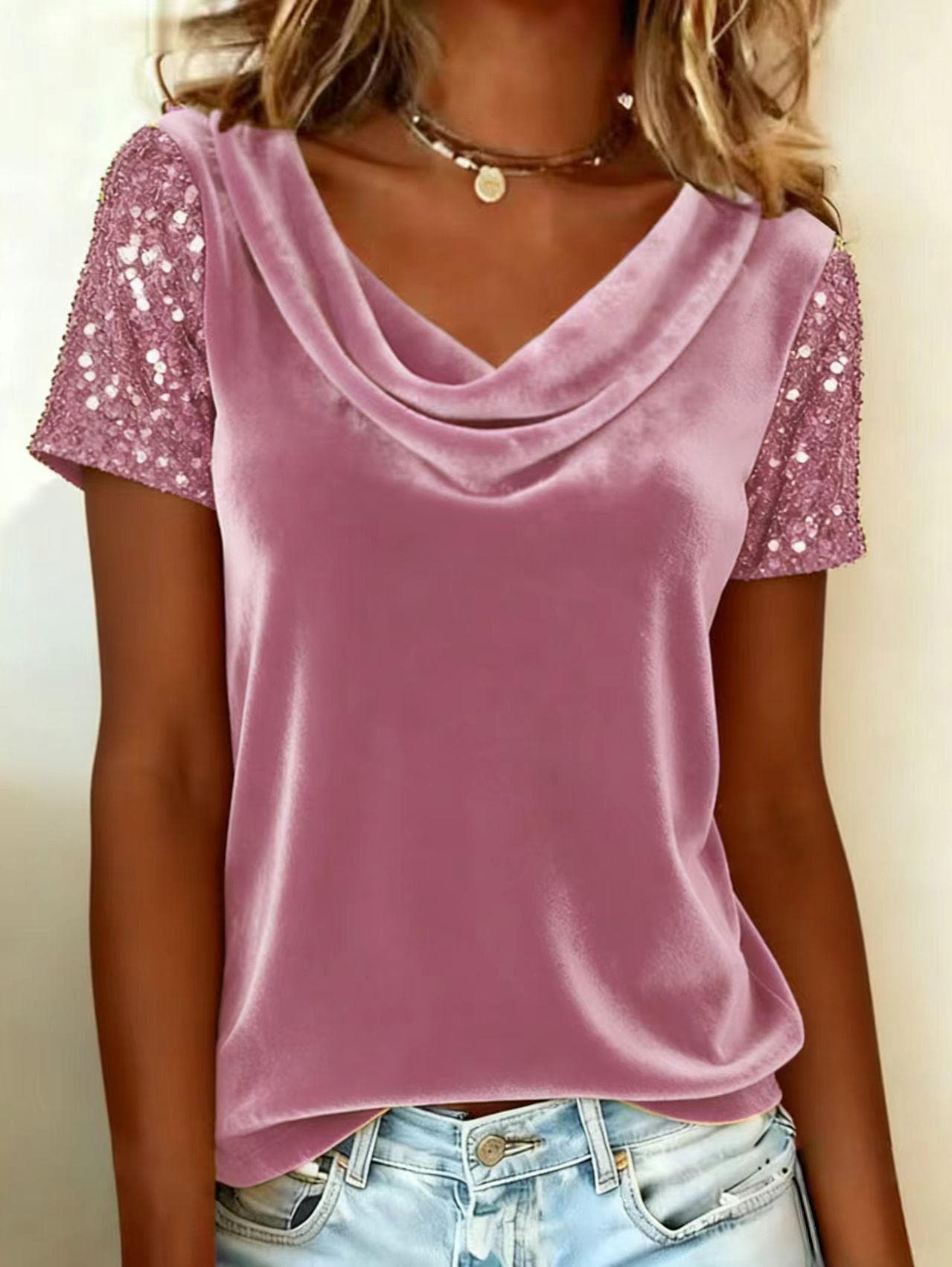 2026 European & American Velvet High-Neck Sequin Patchwork Short-Sleeve Women's Fashion Top XXL bright pink