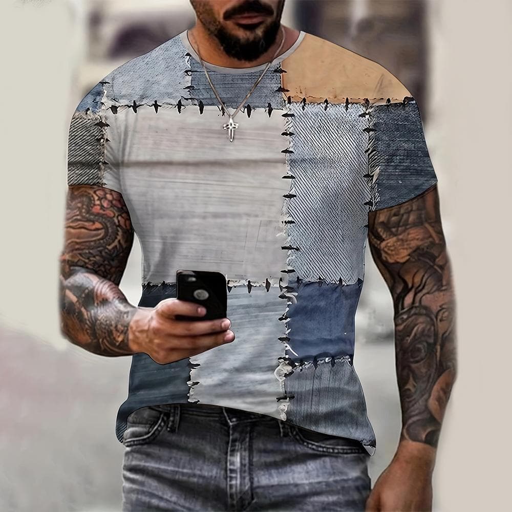 Men's T Shirt 3D Digital Patchwork Graphic Print Short Sleeve T-Shirts Comfy Casual Elastic Crew Neck Men Outdoor Activities Top 6XL