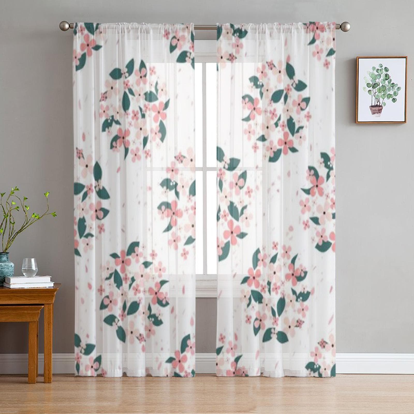 Pink Flowers Green Leaves Sheer Curtain For Living Room Bedroom Voile Curtains For Window Organza Curtains Party Tulle Drapes 135W x 114H(cm)