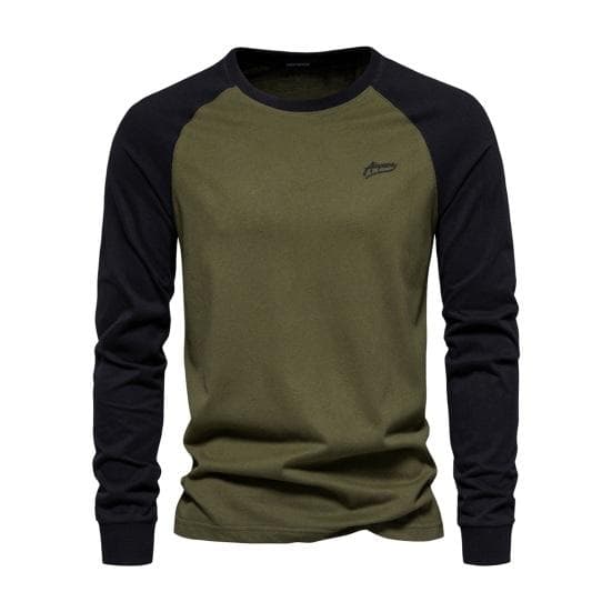 Men Raglan Long Sleeve T-shirt O-Neck Patchwork Color Pullover Tops Loose Fit Elastic Cuffs Breathable Casual Tops M army green