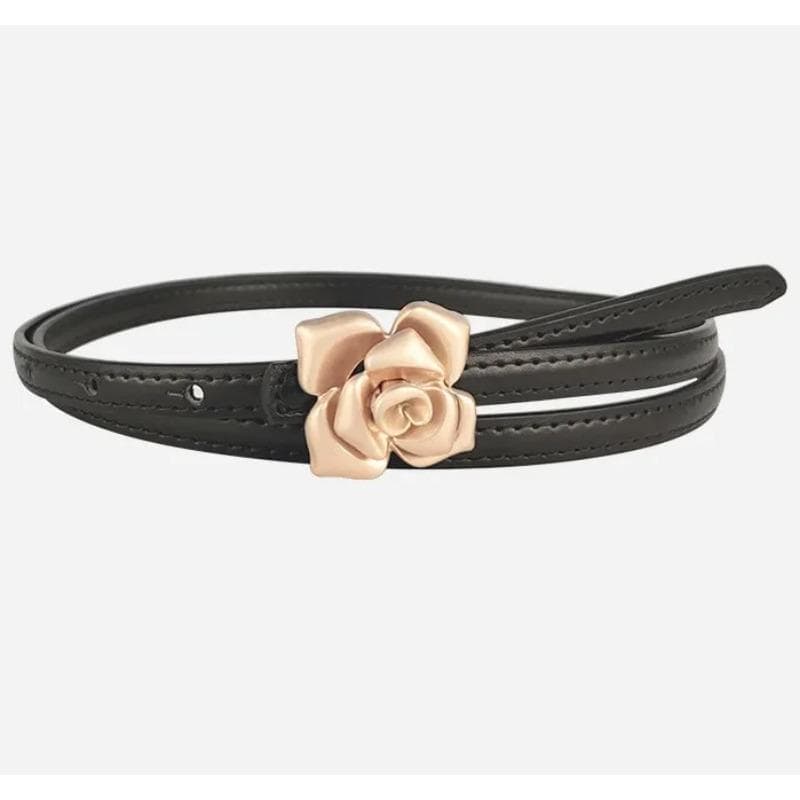 Unique Rose Genuine Leather Gold Belt Women Fashion Cowskin Flower Thin Belts Female Jeans Dress Waistband 105CM black