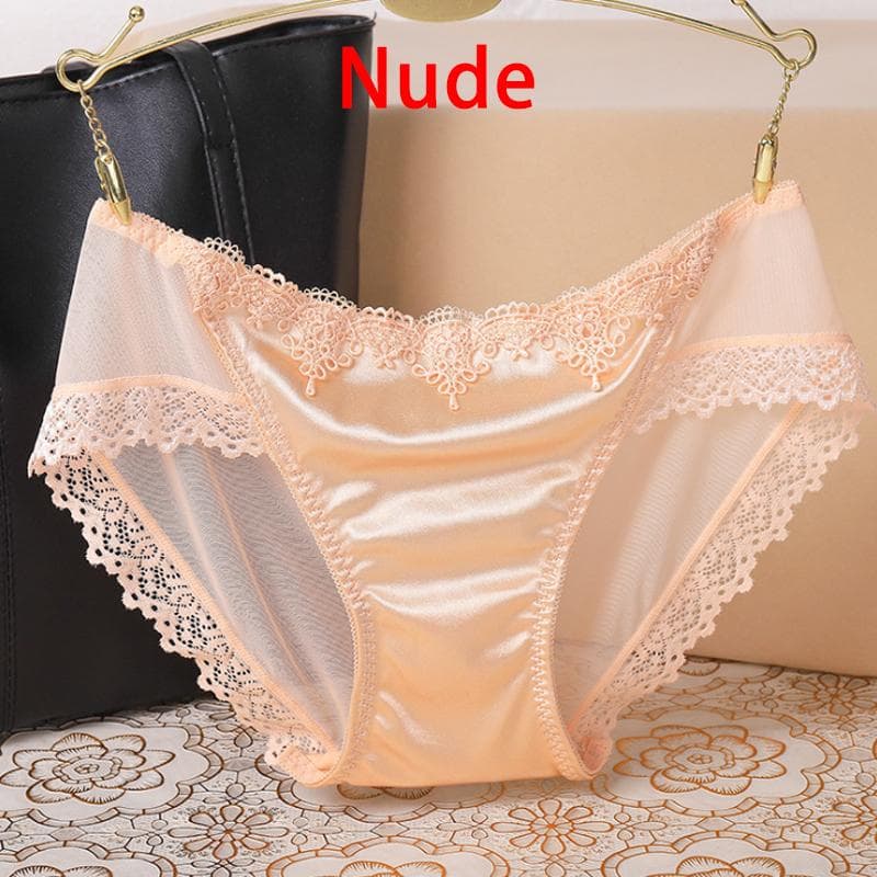 Women Lady Sexy Lace Panties Silk Satin Seamless Breathable Lingerie Briefs Underwear Underpant L nude