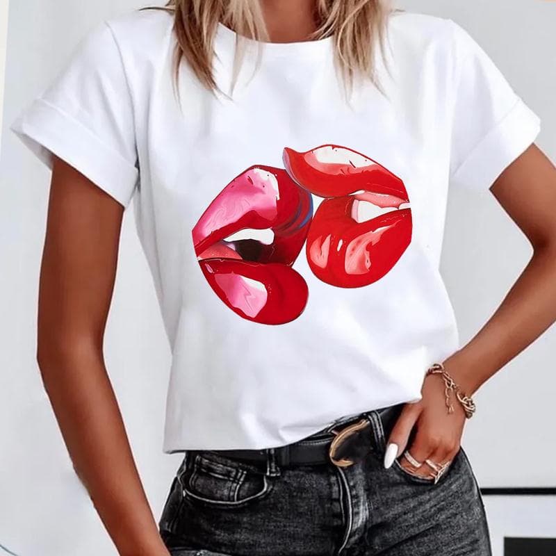 (Asian size) Short Sleeve Lip Love Sexy Trend Cute Lovely Women's Print Tee Top Summer Fashion Tshirt Woman Female Basic T Clothing Graphic T-shirts XXXL