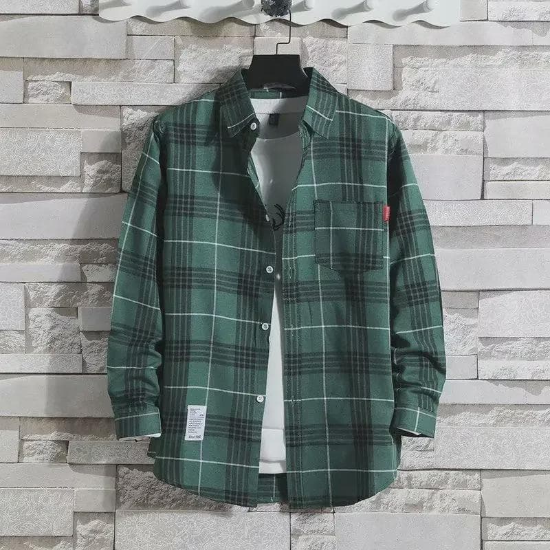Plaid Men's Long-Sleeve Shirt - Trendy Korean Hong Kong Style L
