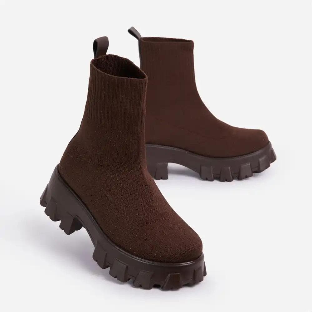 Women Autumn Socks Style Shoes Stretch Fabric Mid-Calf Casual Platform Boots Net Knitted Short Boots Plus Size Booties 36 coffee