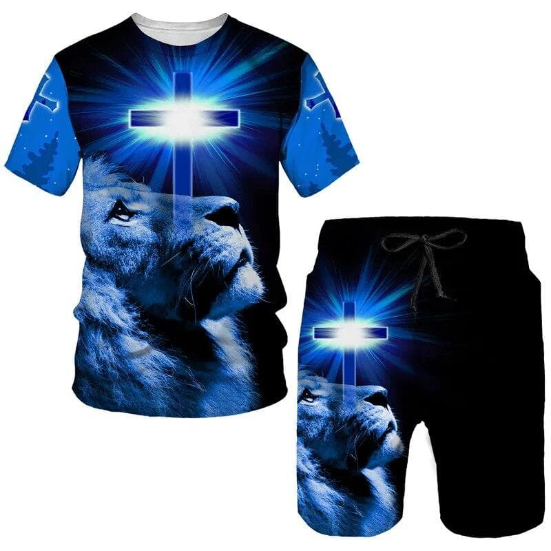 Vintage Shorts Set 3D Jesus T-shirt Men Casual Men's T Shirt + Shorts Sets Mens Sports Sets Tee Men Outfits Oversize Set 2 Piece XXXL