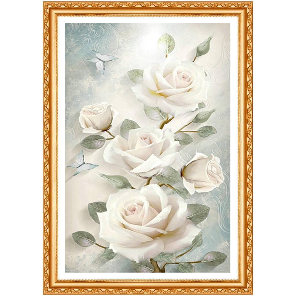 White Rose 5D Full Drill Diamond Painting By Numbers Round Rhinestone Cross-Stitch Diamond Decor 20X30CM