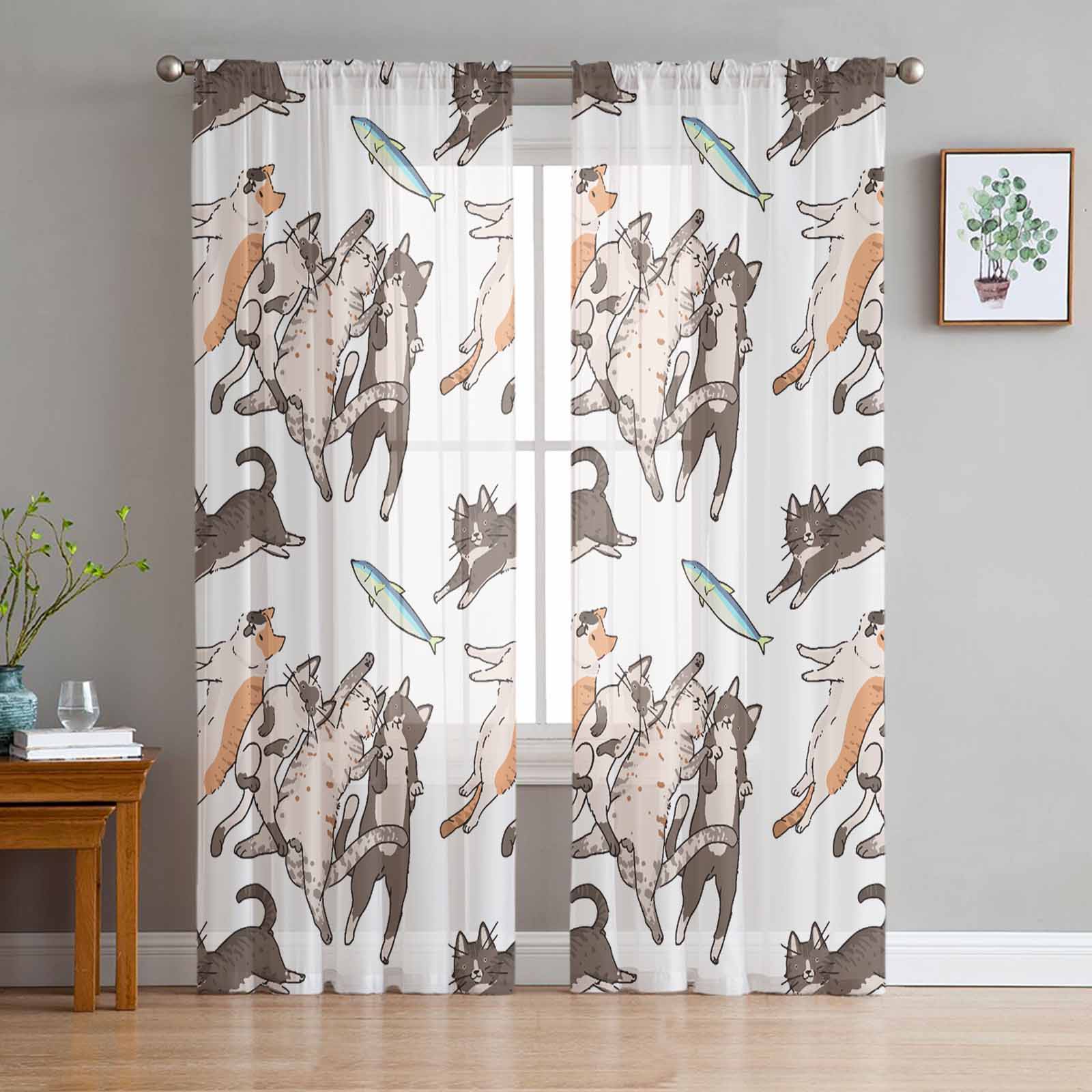 Line Cat Flower Animal Fish Bedroom Curtains Tulle Sheer Curtain Living Room Home Decor Voile Drapes 135W x 114H(cm)