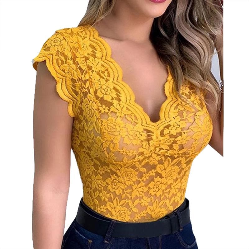 Sexy Women V Neck Lace Vest Top Solid Sleeveless Hollow Tank Female Strap Perspective Vest Crop Tops Camisole Wild Streetwear 2XL yellow