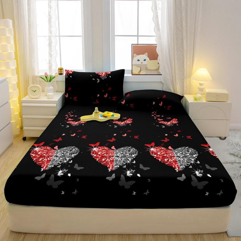 3-Piece Simple Modern Heart-Shaped Butterfly Pattern Matte Three Piece Fitted Sheet Set, Bedroom Printed Bed Cover Set, Bedding 90x200cm