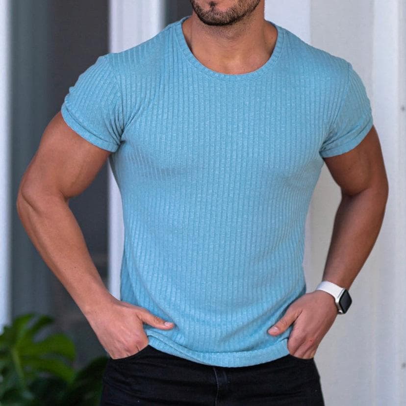 Men's Stretch T-Shirt Ribbed Knit Sleeve Bodybuilding Gym Tee Short Sleeve Slim Fit Workout Shirts Summer Breathable Round Nack T-Shirts for Men 2XL