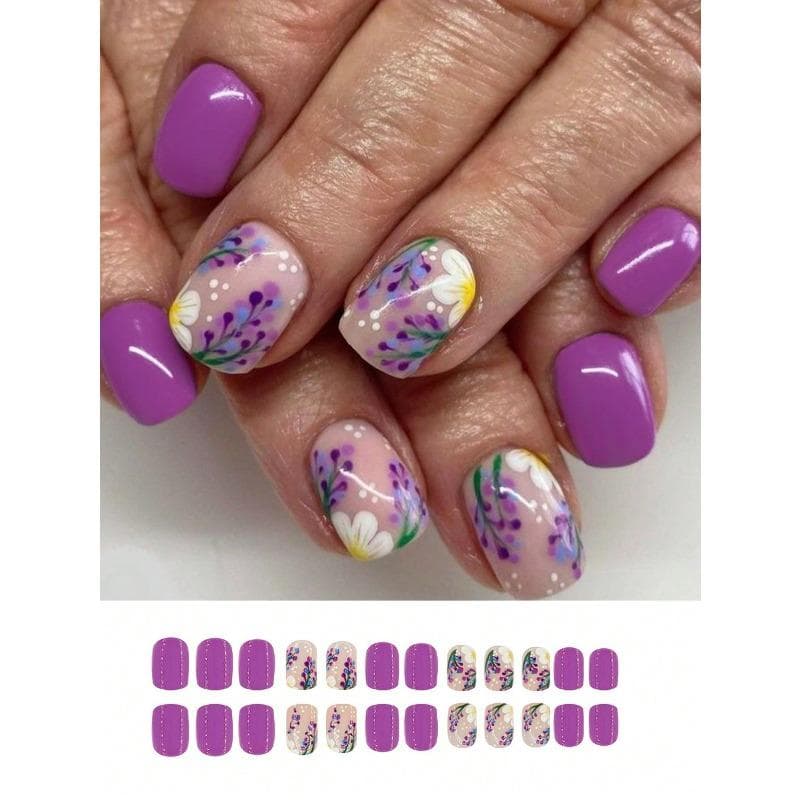 24Pcs Short Square Nails, Creative Purple Flowers And Plants Fake Nails Lovely Fake Nails, For Girls To Wear, Press On The Nails, Nail Supplies
