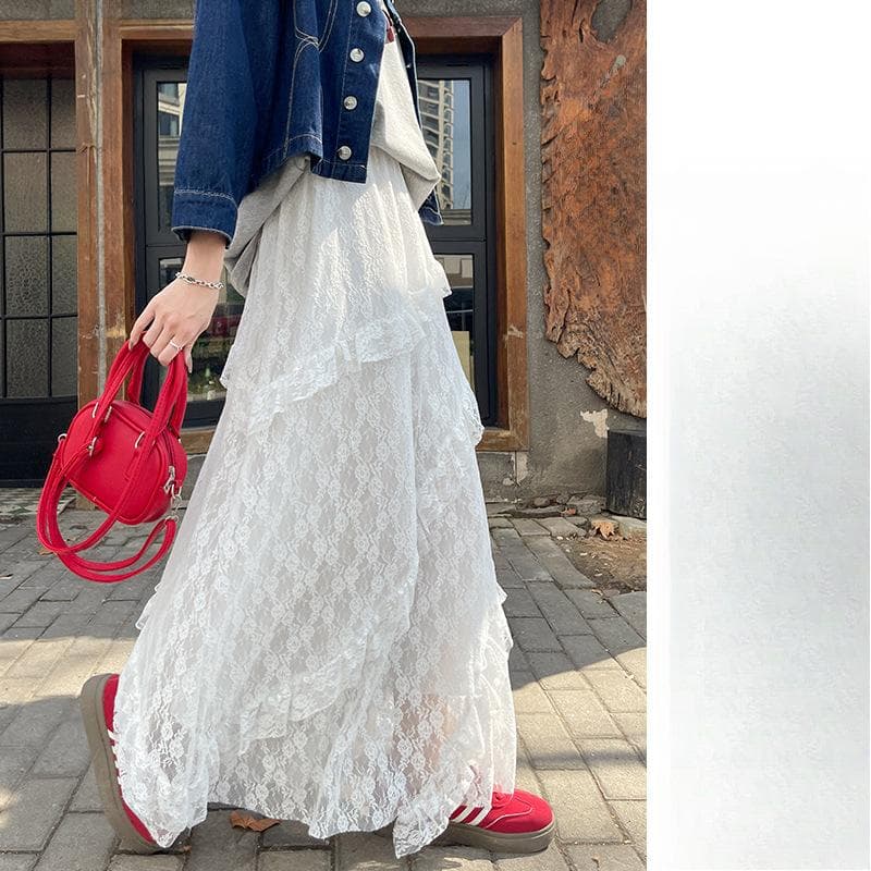 Retro Splicing Lace White Skirt Women's Spring New Fluffy Cake Skirt Mesh Yarn Thin A-word Long Skirt L