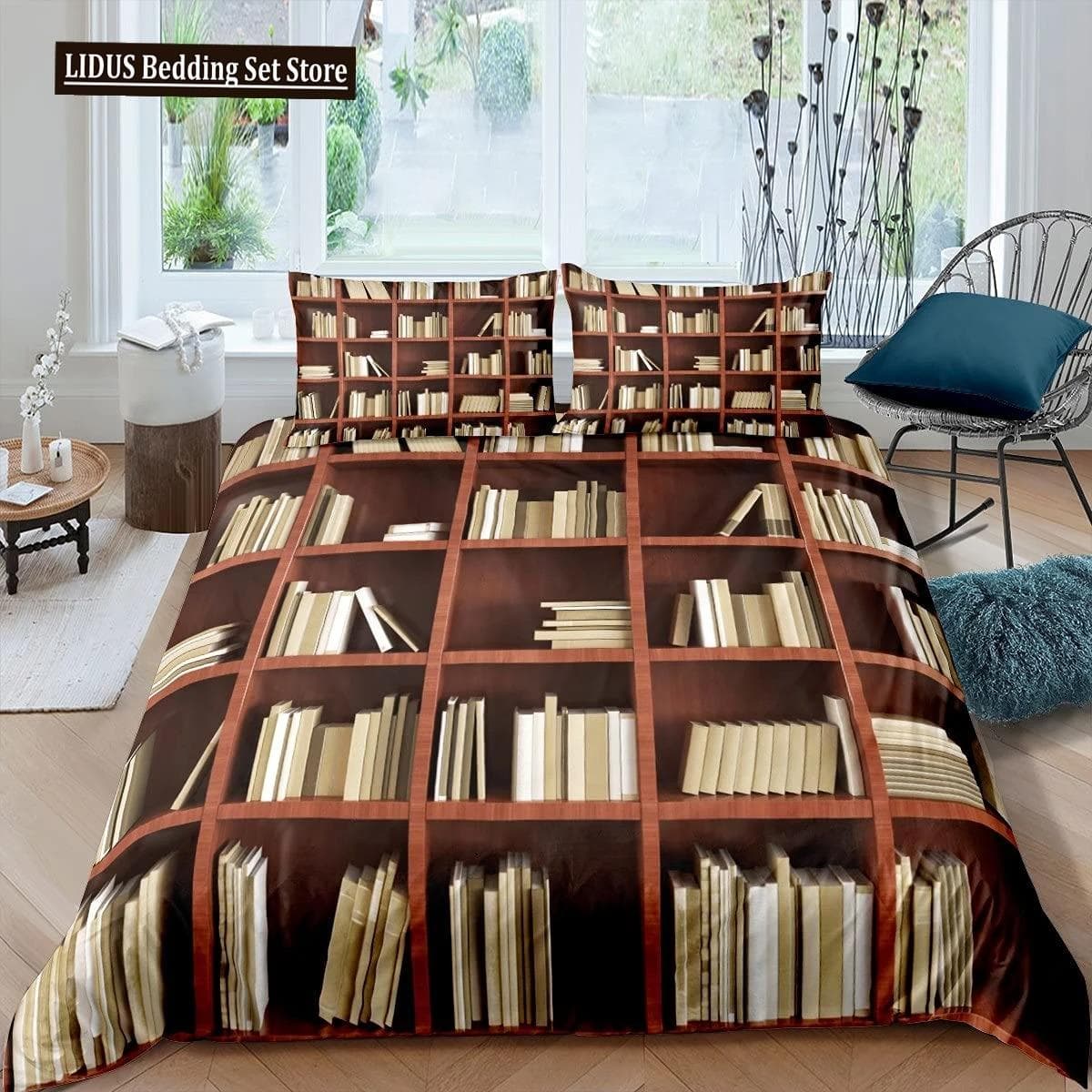 Books Lovers Gift Duvet Cover Set Full Size,Readers And Literary Lover Bedding Sets,Vintage Librarians Bookshelf Comforter Cover EU Single 135x200cm