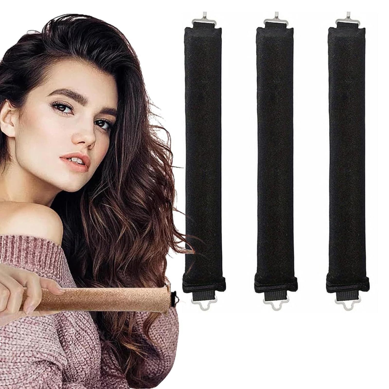 3PCS No Heat Hair Curling Kit for Long Hair Heatless Hair Curler Sleep Overnight Hair Rollers Wavy 0 black