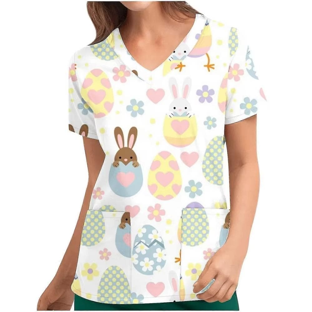 V-Neck Pocket Women Nurse Uniform Cartoon Rabbit 3d Print Medical Nursing Scrubs Female Working Tops Uniforme Hospital New 2025 6XL