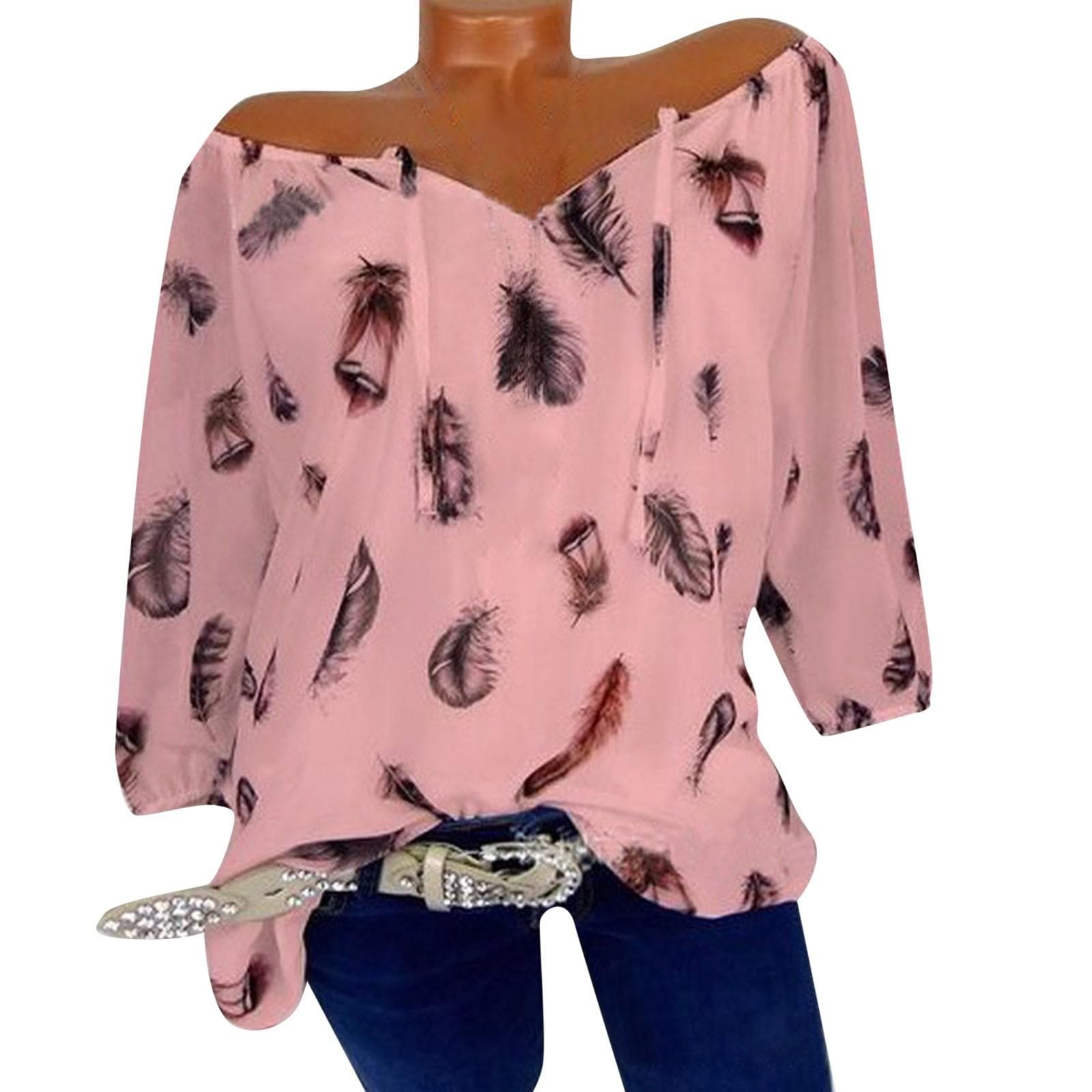 (Qunide) Women's Flowy Fashion Casual V Neck Top Printed Half Sleeve Shirt Pullover T-Shirt M pink